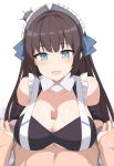  1boy 1girl azur_lane bangs blue_eyes blush breasts brown_hair censored cum cum_on_body cum_on_breasts eyebrows_visible_through_hair highres interlocked_fingers large_breasts long_hair looking_at_viewer mosaic_censoring newcastle_(azur_lane) open_mouth paizuri penis simple_background smile solo_focus toyo_(c8) white_background white_headwear 