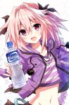  1boy :d astolfo_(fate) astolfo_(memories_at_trifas)_(fate) bad_id bad_pixiv_id black_ribbon blush bottle braid crossdressing eyebrows_visible_through_hair fang fate/apocrypha fate/grand_order fate_(series) hair_between_eyes hair_intakes hair_ornament hair_ribbon head_tilt holding holding_bottle hood hoodie jacket jewelry long_hair male_focus multicolored_hair necklace open_mouth otoko_no_ko pink_hair purple_eyes purple_hoodie purple_jacket purple_shirt ribbon risei_jouhatsushita_ponco shirt smile streaked_hair striped striped_shirt water water_bottle white_background 