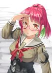  1girl blush eyebrows_visible_through_hair glasses green_hair grey_shirt kantai_collection long_hair long_sleeves mayura2002 multicolored_hair open_mouth pink-framed_eyewear red_hair sailor_collar sailor_shirt semi-rimless_eyewear shirt solo ume_(kancolle) upper_body white_sailor_collar yellow_eyes 