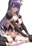  1girl bangs bikini black_bikini black_legwear black_skirt blue_eyes blunt_bangs blush boots breasts bridal_gauntlets closed_mouth cross detached_collar earrings eyebrows_visible_through_hair fate/grand_order fate_(series) frills high_heels highres jewelry knee_boots large_breasts long_hair looking_at_viewer maid_bikini maid_headdress martha_(fate) microskirt navel pulled_by_self purple_hair signature simple_background sitting skindentation skirt solo stomach strap_gap swimsuit thighhighs_pull uo_denim white_background 