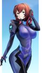  1girl blue_eyes breasts covered_navel eyebrows_behind_hair fortified_suit green_eyes hair_intakes highres looking_to_the_side looking_up medium_breasts medium_hair munakata_misae muvluv muvluv_alternative nyato open_hand pillarboxed pilot_suit red_hair skin_tight solo 