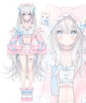  1girl :3 animal_ear_fluff animal_ears bangs bare_shoulders blue_bow blue_eyes blue_ribbon bow breasts cat cat_ears chucolala cleavage closed_mouth collar collarbone commentary crossed_bangs eyebrows_visible_through_hair facing_viewer frilled_collar frilled_straps frills full_body grey_hair hair_between_eyes hair_ornament highres jacket long_hair long_sleeves medium_breasts midriff miniskirt navel off_shoulder open_clothes open_jacket pink_sleeves platform_footwear puffy_sleeves ribbon rukako shirayuki_aria simple_background single_fishnet_legwear skirt sleeves_past_wrists smile solo thigh_strap very_long_hair virtual_youtuber white_background 