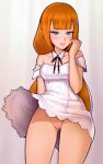  1girl ass_visible_through_thighs blush bow bowtie brown_hair clothes_lift detached_collar dress dress_lift green_eyes highres kingdom_hearts kingdom_hearts_iv loodncrood looking_at_viewer no_panties parted_lips pussy smile solo strelitzia_(kingdom_hearts) thigh_gap thighs 