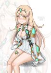  1girl bangs bare_legs bare_shoulders blonde_hair blush breasts chascoby chest_jewel cleavage dress earrings gem gloves headpiece highres jewelry large_breasts long_hair looking_at_viewer mythra_(xenoblade) short_dress sitting solo swept_bangs tiara very_long_hair white_dress xenoblade_chronicles_(series) xenoblade_chronicles_2 yellow_eyes 