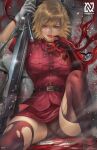  belt blonde_hair blood gloves gun hellsing licking looking_at_viewer nopeys police police_uniform red_eyes red_uniform rifle seras_victoria short_hair short_shorts shorts sitting solo thighhighs torn_clothes uniform weapon white_gloves 