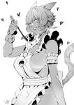  1girl animal_ears apron bangs breasts cat_ears cat_tail club3 facial_mark final_fantasy final_fantasy_xiv highres ladle monochrome naked_apron simple_background solo_focus tail tan tanlines y&#039;shtola_rhul 