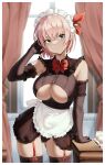  1girl absurdres apron aqua_eyes arm_rest ass_visible_through_thighs bangs black_gloves blurry blurry_background blush border bow bowtie breasts closed_mouth clothing_cutout cowboy_shot cup curtains cynd detached_sleeves elbow_gloves frills garter_straps gloves hair_bow hand_up highres large_breasts looking_at_viewer maid_apron maid_headdress original pink_hair red_bow red_bowtie short_hair skindentation smile solo teacup thighhighs thighs underboob_cutout white_border 