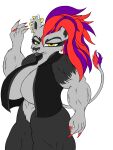  anthro big_breasts black_body black_fur black_nose bottomless breasts clothed clothing colored_nails digital_drawing_(artwork) digital_media_(artwork) felid feline female flamberry_(artist) fur genitals grey_body grey_fur hair hi_res looking_at_viewer mammal muscular muscular_female nails nintendo partially_clothed pok&eacute;mon pok&eacute;mon_(species) purple_hair pussy pyroar red_hair solo video_games without_panties yellow_eyes 