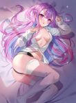  1girl absurdres bangs bed_sheet black_panties blue_hair breasts collarbone commentary eyebrows_visible_through_hair hair_between_eyes highres hololive long_hair looking_at_viewer lying medium_breasts minato_aqua multicolored_hair navel on_side open_clothes open_mouth open_shirt panties purple_eyes purple_hair ranchan12 shirt solo streaked_hair thighhighs two-tone_hair underwear virtual_youtuber white_legwear white_shirt 