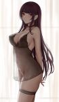  1girl arms_behind_back ass bangs bare_arms bare_shoulders black_choker black_legwear blush breasts choker cleavage closed_mouth commentary commentary_request cowboy_shot eyebrows_visible_through_hair from_side girls&#039;_frontline highres large_breasts long_hair looking_at_viewer looking_to_the_side navel purple_hair red_eyes see-through selcky solo thigh_strap thighs wa2000_(girls&#039;_frontline) 