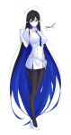  1girl :3 absurdly_long_hair bare_arms bare_shoulders belt black_hair black_legwear blue_archive blue_eyes blue_hair breasts buttons closed_mouth collared_dress double-breasted dress earrings full_body glasses gloves halo hand_up high_heels highres holding jewelry large_breasts long_hair looking_at_viewer multicolored_hair necktie pantyhose pointy_ears rimless_eyewear rin_(blue_archive) sidelocks sleeveless sleeveless_dress smile solo standing two-tone_hair unel very_long_hair white_dress white_footwear white_gloves 