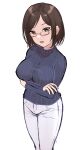  1girl bangs breasts brown_eyes brown_hair cleavage commentary covered_navel cowboy_shot crossed_arms forehead glasses highres large_breasts long_sleeves looking_at_viewer mole mole_under_eye open_mouth original pants parted_bangs r2pi short_hair simple_background solo standing sweater taut_sweater white_background white_legwear white_pants 