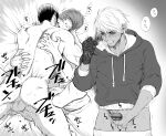  3boys absurdres anal bangs bara beniazumaru clenched_teeth closed_eyes clothes_pull completely_nude erection gloves greyscale highres hood hood_down hoodie k&#039;_(kof) kusanagi_kyou lying male_focus male_masturbation masturbation monochrome multiple_boys muscular muscular_male nude on_back pants pants_pull penis sex short_hair single_glove teeth the_king_of_fighters translation_request yagami_iori yaoi 