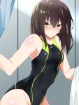  1girl absurdres blush bodysuit breasts brown_hair competition_swimsuit highleg highres logo looking_at_viewer medium_hair nike one-piece_swimsuit original pout school_swimsuit sebunsu skin_tight small_breasts solo swimsuit wetsuit yellow_eyes 