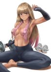  1girl arm_up armpits bare_shoulders barefoot black_legwear blonde_hair breasts brown_eyes dark_skin dumbbell earrings gradient_hair jewelry leggings long_hair multicolored_hair navel okumori_boy original pink_hair simple_background topless 