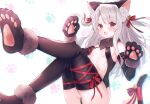  1girl animal_ear_fluff animal_ears animal_hands bangs bare_shoulders bell blush breasts cat_ears cat_tail eyebrows_visible_through_hair fate/kaleid_liner_prisma_illya fate_(series) fur_trim gloves hair_bell hair_ornament highres illyasviel_von_einzbern illyasviel_von_einzbern_(beast_style) jingle_bell leg_up leotard long_hair looking_at_viewer open_mouth paw_gloves paw_print paw_print_background paw_shoes red_hair scan shiny shiny_hair simple_background sitting sleeveless small_breasts solo suzuho_hotaru tail thighhighs thighs white_hair 