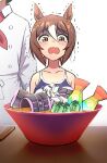  1boy 1girl brown_hair chopsticks collarbone fine_motion_(umamusume) food green_eyes horse_girl mafty noodles ooizumi_you parody ramen scared shaking simple_background solo_focus suiyou_dou_de_shou swimsuit tears umamusume white_background 