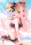  1girl abigail_williams_(emerald_float)_(fate) abigail_williams_(fate) absurdres bangs bare_shoulders bikini_skirt blonde_hair blue_eyes blue_sky blush cloud cloudy_sky day double_bun fate/grand_order fate_(series) food forehead fruit gradient gradient_sky hair_ornament hand_up highres holding layered_skirt long_hair looking_at_viewer navel ocean open_mouth outdoors polka_dot scan scrunchie shiny shiny_hair simple_background sitting skirt sky solo stomach strawberry sunlight suzuho_hotaru swimsuit thighs water wrist_scrunchie 