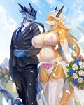  anthro areola big_breasts blush breasts clothed clothing dragon drajing female hair hi_res horn male pregnant smile wedding wingless_dragon womb_tattoo 