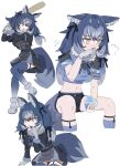  1girl adapted_costume animal_ears bat big_hair black_dress black_shorts blue_bow blue_bowtie blue_hair blue_legwear blue_shirt blush bow bowtie crop_top dire_wolf_(kemono_friends) dress eyebrows_visible_through_hair fur_collar fur_trim garter_straps gloves grey_hair hair_bow highres japari_symbol kemono_friends kemono_friends_v_project kunikuni_(kunihiro2005) long_hair long_sleeves microphone midriff multicolored_hair multiple_views navel plaid_trim shaved_ice shirt short_shorts short_sleeves shorts sitting sock_garters socks spoon sweatdrop tail thighhighs virtual_youtuber white_gloves wolf_ears wolf_girl wolf_tail yellow_eyes zettai_ryouiki 