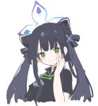  1girl animal_ear_fluff animal_ears bangs black_dress black_hair blue_archive blunt_bangs blush breasts china_dress chinese_clothes cleavage closed_mouth commentary_request dress green_eyes long_hair looking_at_viewer sanma_(tabet_) short_sleeves shun_(kid)_(blue_archive) simple_background smile solo twintails upper_body white_background 