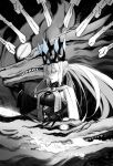  1girl absurdres assault_rifle blue_eyes breasts breathing_fire crown dual_persona fangs fate/grand_order fate_(series) fire fox glowing glowing_eyes greyscale gun highres koyanskaya_(fate) large_breasts long_hair monochrome morgan_le_fay_(fate) mystery9228 ponytail rifle spot_color tamamo_(fate) weapon 
