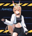  1girl absurdres alternate_costume asymmetrical_pants ayanami_(azur_lane) azur_lane bangs black_background black_pants breasts character_name choker cleavage collarbone commentary_request cropped_jacket eyebrows_visible_through_hair hair_between_eyes hair_ornament hairclip headgear highres konparu_uran light_brown_hair long_hair long_sleeves looking_at_viewer navel orange_eyes pants pocket ponytail retrofit_(azur_lane) sidelocks simple_background solo stomach 