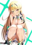  1girl artist_name bangs bare_arms bare_shoulders blonde_hair blush breasts cleavage cleavage_cutout closed_mouth clothing_cutout commentary_request daive dress earrings eyebrows_visible_through_hair hand_on_own_cheek hand_on_own_face highres jewelry large_breasts lips long_hair looking_at_viewer mythra_(xenoblade) panties shiny shiny_skin short_dress signature simple_background sleeveless sleeveless_dress smile solo squatting thigh_strap thighs tiara underwear white_dress white_panties xenoblade_chronicles_(series) xenoblade_chronicles_2 yellow_eyes 