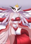 absurd_res anthro avian bae-mon beak breasts clothed clothing crown demon female fur helluva_boss hi_res looking_at_viewer mature_female nipples partially_clothed pink_eyes smile solo stella_(helluva_boss) white_body white_fur 