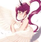  1girl bangs bare_shoulders blouse blurry blurry_foreground blush breasts collarbone demon_horns feathered_wings feathers hair_ornament hair_scrunchie highres hololive hololive_english horns irys_(hololive) long_hair looking_to_the_side medium_breasts nail_polish pointy_ears ponytail red_hair saito_(pigrank) scrunchie simple_background solo strapless upper_body very_long_hair virtual_youtuber white_background wings 
