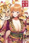  1girl animal_ears bangs black_nails blush breasts chinese_zodiac cleavage collarbone fangs fur-trimmed_kimono fur_trim highres japanese_clothes kimono large_breasts medium_hair meesuke nail_polish new_year open_mouth orange_hair original tiger tiger_ears year_of_the_tiger 