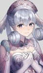  1girl blue_eyes braid breasts cape curly_hair dress gloves hat head_wings highres long_hair long_sleeves looking_at_viewer medium_breasts melia_antiqua mirin. puffy_sleeves silver_hair simple_background smile solo staff thighhighs upper_body xenoblade_chronicles xenoblade_chronicles_(series) 