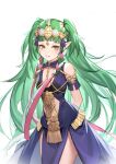 1girl absurdres arms_behind_back bound braid breasts cowboy_shot dress feet_out_of_frame fire_emblem fire_emblem:_three_houses green_eyes green_hair highres looking_at_viewer parted_lips pelvic_curtain pointy_ears q18607 ribbon_braid rope small_breasts solo sothis_(fire_emblem) tiara twin_braids two_side_up 
