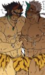  2boys abs anger_vein animal_print bad_id bad_twitter_id bara blush broken_horn bulge bulge_press bulges_touching dark-skinned_male dark_blue_hair dark_skin demon_boy demon_horns facial_hair feet_out_of_frame fiery_horns half_mask holding_hands horned_mask horns large_pectorals loincloth long_sideburns m_cwfe male_focus male_pubic_hair mask mature_male monster_boy motion_lines multiple_boys muscular muscular_male navel navel_hair nipples official_alternate_costume oni_mask pectoral_docking pectoral_press pectorals pubic_hair short_hair shuten_douji_(housamo) sideburns single_horn stomach stubble sweat takemaru_(housamo) thick_eyebrows thick_thighs thighs tiger_print tokyo_afterschool_summoners topless_male tusks white_hair yaoi 