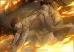  2boys abs akitaru_oubi anilingus artist_name ass bara black_hair completely_nude en&#039;en_no_shouboutai erection fire lemilkychocyaoi looking_at_another male_focus multiple_boys muscular muscular_male nude patreon_username penis red_eyes reward_available sharp_teeth shinra_kusakabe short_hair smile teeth thighs uncensored undercut yaoi 