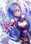  1girl blue_eyes blue_hair breasts cleavage closed_mouth fingerless_gloves gloves hair_ornament long_hair looking_at_viewer maria_traydor simple_background smile solo star_ocean star_ocean_anamnesis star_ocean_till_the_end_of_time wings 