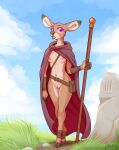  2022 absurd_res anthro belt breasts cervid cloak clothing cloud digital_media_(artwork) female genitals grass hi_res hooves loimu loimu_(character) mammal nipples plant pouch_(disambiguation) pussy sky solo staff 