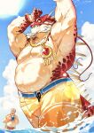  2boys alternate_costume bara beard belly casual character_request dragon_boy dragon_horns facial_hair fat fat_man feet_out_of_frame foreshortening from_below highres horns itzamna_(housamo) kimidori_(dera_kimidori) large_pectorals male_focus male_swimwear multiple_boys muscular muscular_male orange_male_swimwear pectorals red_scales short_hair stomach sunlight swim_trunks tokyo_afterschool_summoners topless_male wading wet 