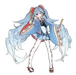  1girl agonasubi bangs blue_bow blue_coat blue_eyes blue_hair blue_skirt borrowed_design bow cloud_print coat drumsticks full_body geta hair_ornament hand_up hatsune_miku headband holding holding_drumsticks japanese_clothes legs_apart long_hair long_sleeves looking_at_viewer miniskirt musical_note musical_note_print outstretched_arm pantyhose ribbon-trimmed_sleeves ribbon_trim sketch skirt smile solo standing tabi twintails two-sided_fabric two-sided_skirt very_long_hair vocaloid white_background wide_sleeves yuki_miku 