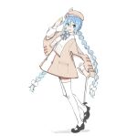  1girl :d agonasubi bangs beret blue_bow blue_bowtie blue_eyes blue_hair bow bowtie braid brown_dress brown_headwear brown_shorts dress from_side full_body hair_ornament hand_up hat hatsune_miku holding long_hair long_sleeves looking_at_viewer mary_janes picket pom_pom_(clothes) pom_pom_hair_ornament puffy_long_sleeves puffy_sleeves salute shoes shorts sketch smile solo standing striped striped_bow striped_bowtie thighhighs twin_braids twintails very_long_hair vocaloid white_background white_legwear yuki_miku 