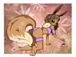  anthro bent_over bent_over_knee brown_body brown_fur butt_window clothing eevee female fluffy fluffy_tail fur hi_res hindpaw humanoid ixamidyne nintendo panties paws pok&eacute;mon pok&eacute;mon_(species) solo underwear video_games 