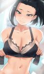  1girl absurdres black_bra black_hair blush boku_no_hero_academia bra breasts cleavage commentary hair_pulled_back highres large_breasts looking_at_viewer midriff ponytail solo underwear underwear_only undressing unfastened wavy_mouth yaoyorozu_momo zd_(pixiv6210083) 