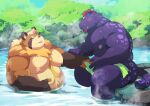  2022 anthro ayame42612 belly big_belly blush detailed_background duo eyes_closed felid kemono male male/male mammal moobs nipples outside overweight overweight_male pantherine purple_body sitting towel water 