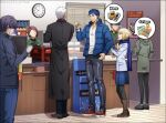  ahoge akujiki59 alcohol archer_(fate) artist_name artoria_pendragon_(fate) back basket beer beer_can black_eyes blonde_hair blue_hair boots bottle can cashier clock closed_eyes coat collared_coat collared_jacket crossed_arms cu_chulainn_(fate) cu_chulainn_(fate/stay_night) dark-skinned_male dark_skin denim digital_media_player ear_piercing earrings faceless faceless_female faceless_male fate/stay_night fate_(series) food headphones hood hoodie jacket jeans jewelry long_hair looking_at_another muscular muscular_male open_clothes open_jacket open_mouth pants pectorals piercing ponytail saber scarf shelf shirt shop shopping_basket sign skirt smirk snack socks socks_over_thighhighs sparkle speech_bubble spiked_hair stud_earrings t-shirt teeth tight twitter_username unzipped white_hair window 