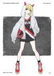  1girl acubi_tomaranai adidas artist_logo bangs basketball basketball_jersey black_legwear blonde_hair character_name closed_mouth copyright_name full_body green_eyes grey_jacket hand_in_pocket highres hood hood_up hooded_jacket idolmaster idolmaster_cinderella_girls jacket looking_at_viewer medium_hair miyamoto_frederica portland_trail_blazers product_placement shirt shoes sleeves_past_fingers sleeves_past_wrists sneakers socks solo white_shirt 