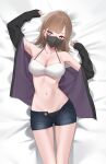  1girl absurdres armpits bangs bare_shoulders bed_sheet black_jacket black_panties bra breasts brown_hair cleavage cowboy_shot eyebrows_visible_through_hair highres jacket kuen_(kuennn12) large_breasts long_sleeves looking_at_viewer lying mask medium_hair mouth_mask navel on_back on_bed open_clothes open_fly open_jacket original panties panty_peek pink_hair short_shorts shorts sleeves_past_wrists solo stomach underwear white_bra 