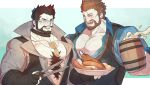  2boys bara beard blush character_request commentary copyright_request facial_hair glasses large_pectorals male_focus mature_male multiple_boys muscular muscular_male open_mouth pectoral_cleavage pectorals sideburns smile uori 