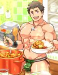  1boy aopanda bara brown_hair commentary_request dog_tags food holding idolmaster idolmaster_side-m jewelry looking_at_viewer male_focus muscular muscular_male open_mouth pectorals purple_eyes shingen_seiji short_hair smile solo 