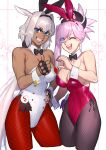  2girls animal_ears azusa_(hws) bangs blue_eyes blush body_markings breasts caenis_(fate) cleavage dark-skinned_female dark_skin fate/grand_order fate_(series) hair_ornament highres large_breasts long_hair looking_at_viewer miyamoto_musashi_(fate) multiple_girls open_mouth pink_hair ponytail smile swept_bangs thighs very_long_hair white_hair 