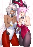  2girls animal_ears azusa_(hws) bangs blue_eyes blush body_markings breasts caenis_(fate) cleavage dark-skinned_female dark_skin fate/grand_order fate_(series) hair_ornament highres large_breasts long_hair looking_at_viewer miyamoto_musashi_(fate) multiple_girls open_mouth pink_hair ponytail smile swept_bangs thighs very_long_hair white_hair 